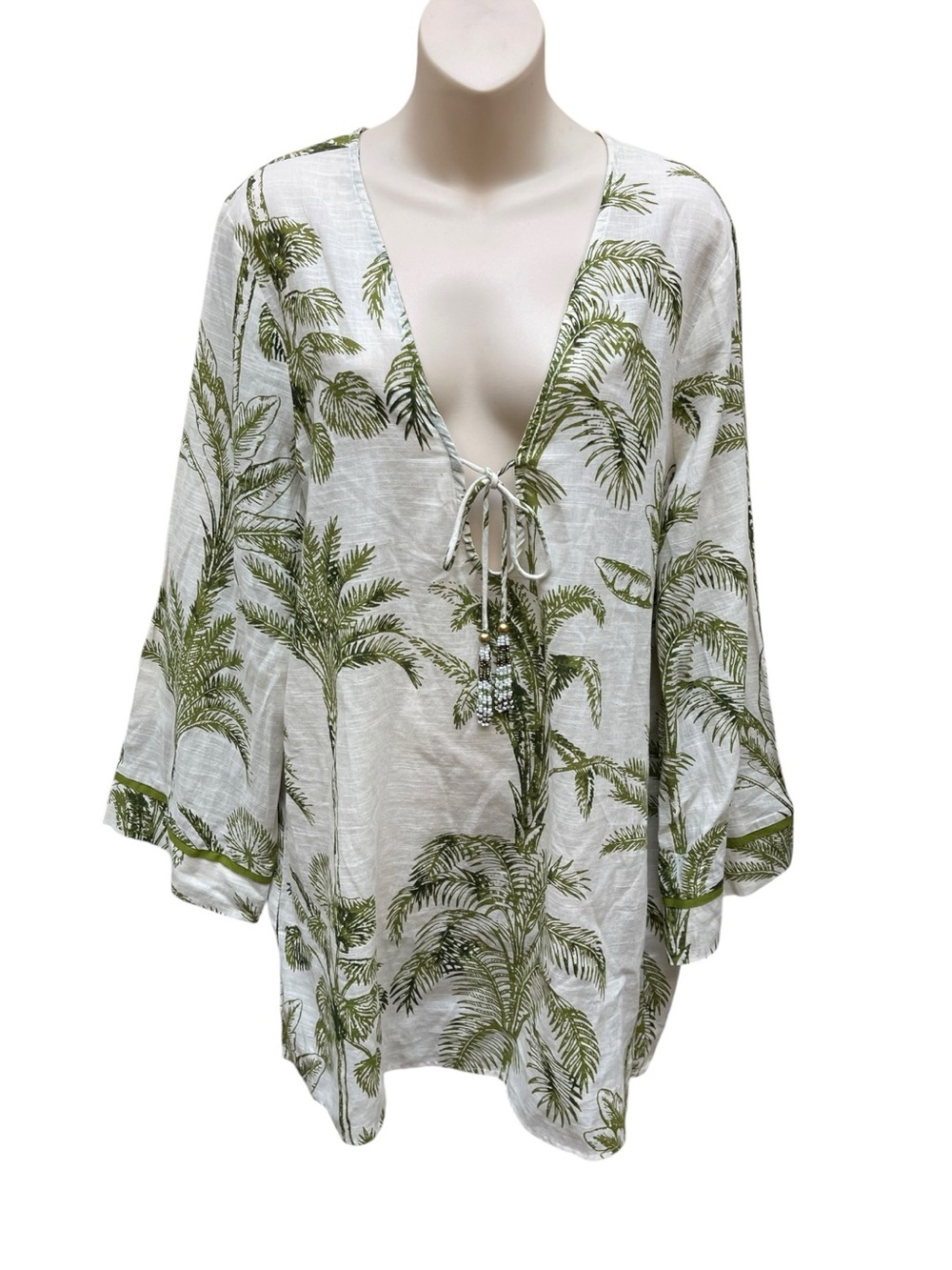 Dotti Palm Tree Swim Cover Up L Green White Kimono Tunic Tassel Beach Resortwear